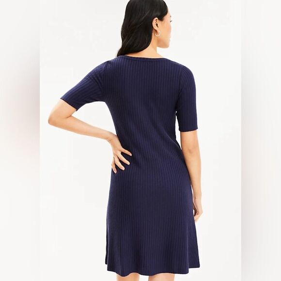 Loft Ribbed Scoop‎ Neck Shift Dress Short Sleeve Navy Blue Women’s Medium - Picture 2 of 8